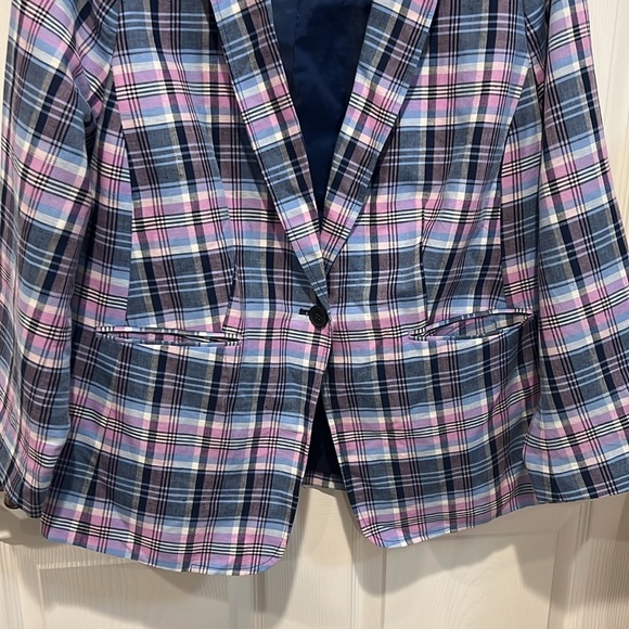 Talbots purple blue plaid one button linen cotton blazer size Large WP - Picture 4 of 7